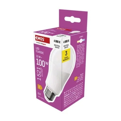 EMOS LED bulb A60 13W/100W E27 4000K 1521lm NonDim 30Y opál