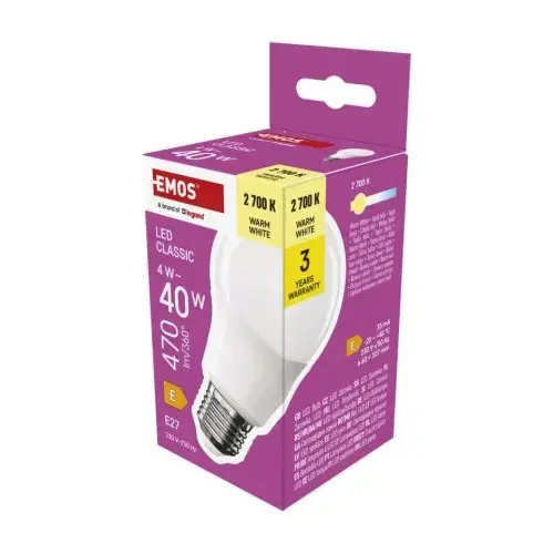 EMOS LED žárovka A60 4W/40W E27 2700K 470m NonDim 30Y opál