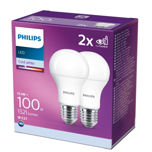 PHILIPS bulb. A60 12.5W/100W E27 4000K 1521lm NonDim 15Y opál 2-pack