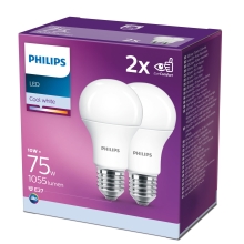 PHILIPS LED bulb. A60 10W/75W E27 4000K 1055lm NonDim 15Y opál 2-pack