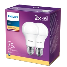 PHILIPS LED bulb. A60 11W/75W E27 2700K 1055lm NonDim 15Y opal 2-pack