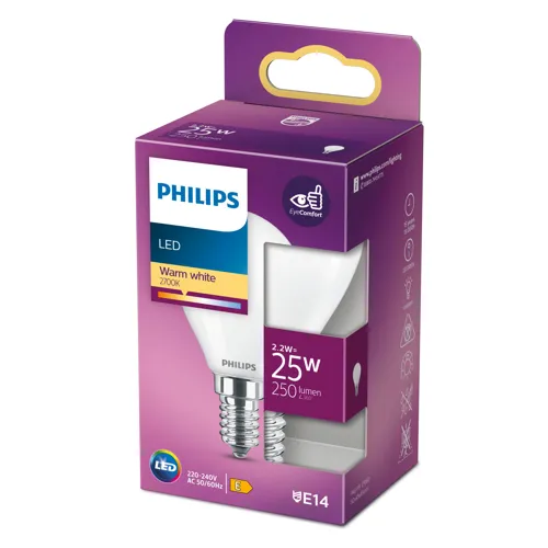 PHILIPS LED kapka filament P45 2.2W/25W E14 2700K 250lm NonDim 15Y opál