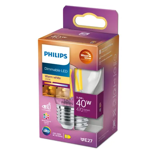 PHILIPS LED kapka filament P45 3.4W/40W E27 927 470lm Dim 15Y