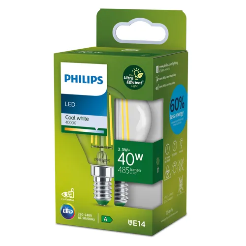 PHILIPS LED kapka filament UE P45 2.3W/40W E14 4000K 485lm NonDim 50Y