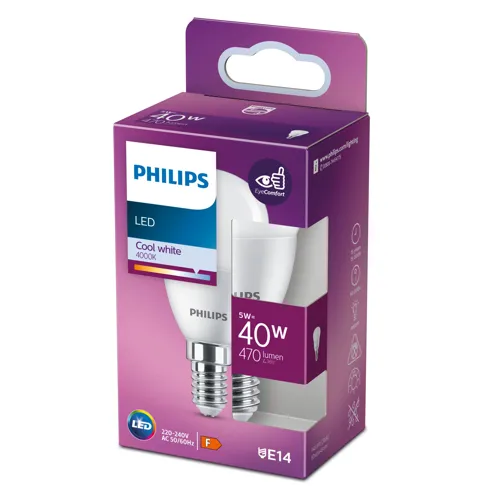 PHILIPS LED kapka P45 5W/40W E14 4000K 470lm NonDim 15Y opál
