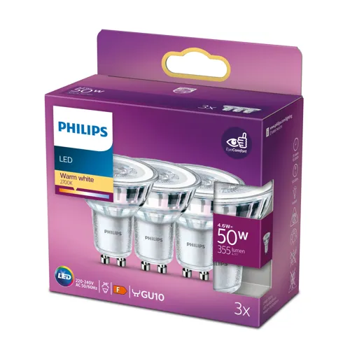 PHILIPS LED reflektor Classic 4.6W/50W GU10 2700K 355lm/36° NonDim 15Y 3-pack