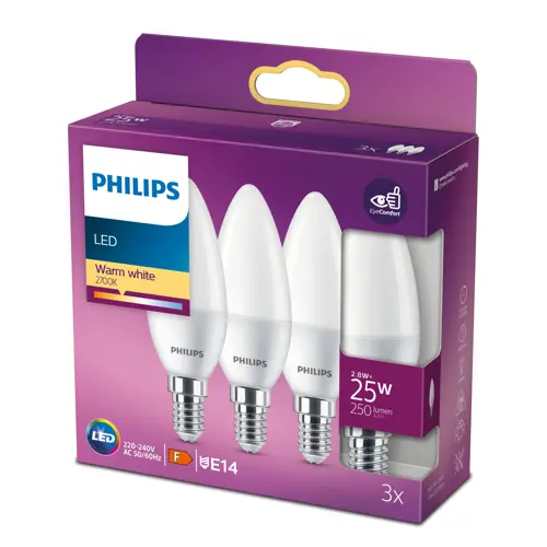 PHILIPS LED svíčka B35 2.8W/25W E14 2700K 250lm NonDim 15Y opál 3-pack