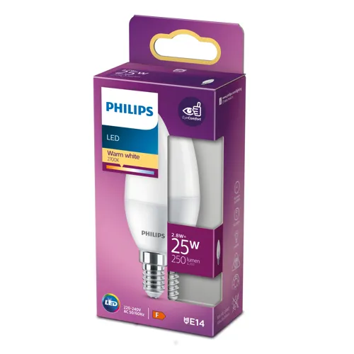 PHILIPS LED svíčka B35 2.8W/25W E14 2700K 250lm NonDim 15Y opál