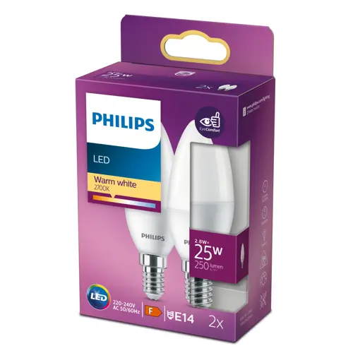 PHILIPS LED svíčka B35 2.8W/25W E14 2700K 250lm NonDim 15Y opál