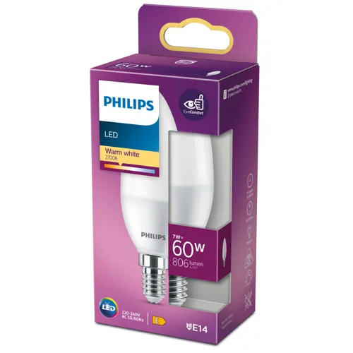 PHILIPS LED svíčka B38 7W/60W E14 2700K 806lm NonDim 15Y opál