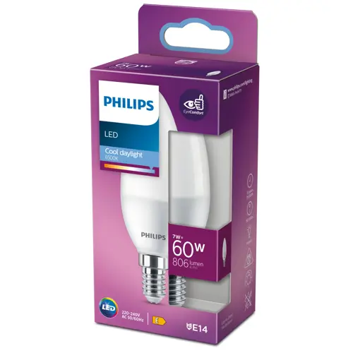 PHILIPS LED svíčka B38 7W/60W E14 6500K 806lm NonDim 15Y opál