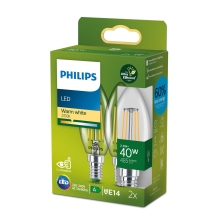 PHILIPS LED svíčka filament B35 2.3W/40W E14 2700K 485lm NonDim 15Y čirá 2-pack