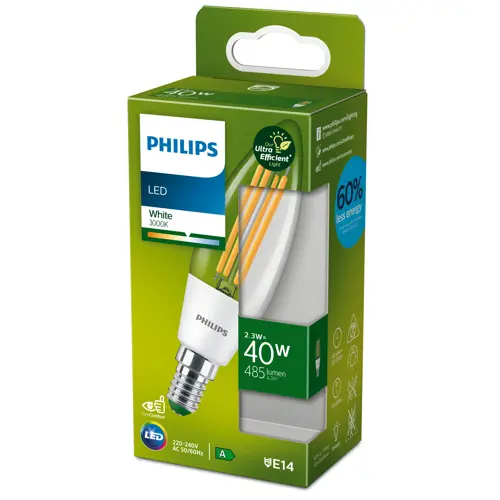 PHILIPS LED svíčka filament B35 2.3W/40W E14 3000K 485lm NonDim 50Y čirá
