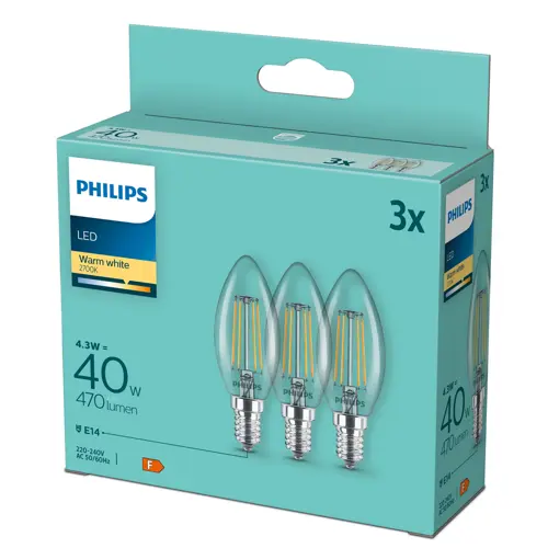 PHILIPS LED svíčka filament B35 4.3W/40W E14 2700K 470lm NonDim 15Y čirá 3BL