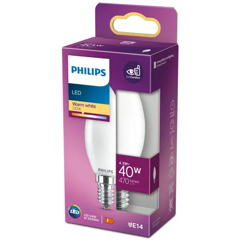 PHILIPS LED svíčka filament B35 4.3W/40W E14 2700K 470lm NonDim 15Y opál