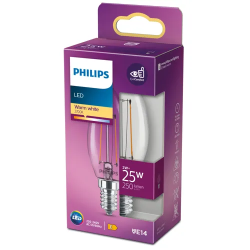 PHILIPS LED svíčka filament B35 4W/25W E14 2700K 250lm NonDim 15Y čirá BL