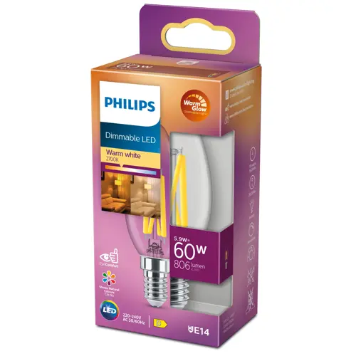 PHILIPS LED svíčka filament B35 5.9W/60W E14 927 806lm Dim 15Y čirá