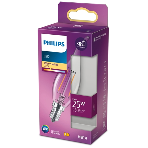 PHILIPS LED svíčka filament BA35 2W/25W E14 2700K 250lm NonDim 15Y čirá