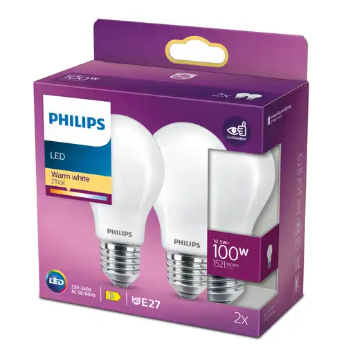 PHILIPS LED žárovka A60 10.5W/100W E27 2700K 1521lm NonDim 15Y opál 2-pack