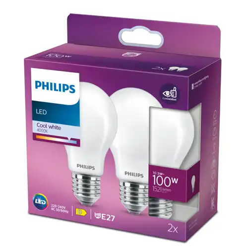PHILIPS LED žárovka A60 10.5W/100W E27 4000K 1521lm NonDim 15Y opál 2-pack