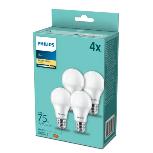 PHILIPS LED žárovka A60 10W/75W E27 2700K 1055lm NonDim 15Y opál 4-pack