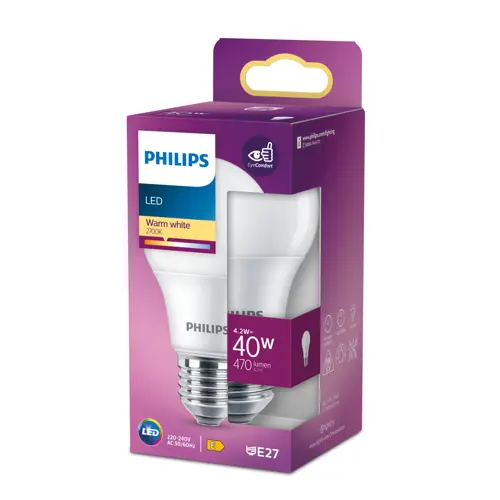 PHILIPS LED žárovka A60 4.2W/40W E27 2700K 470lm NonDim 15Y opál