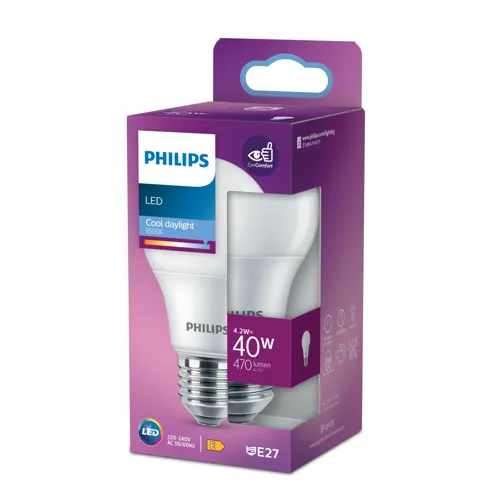 PHILIPS LED žárovka A60 4.2W/40W E27 6500K 470lm NonDim 15Y opál