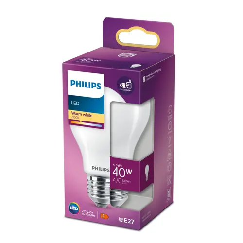 PHILIPS LED žárovka A60 4.5W/40W E27 2700K 470lm NonDim 15Y opál