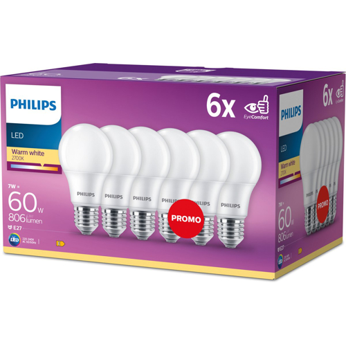 PHILIPS LED žárovka A60 7W/60W E27 2700K 806lm NonDim 15Y opál 6-pack