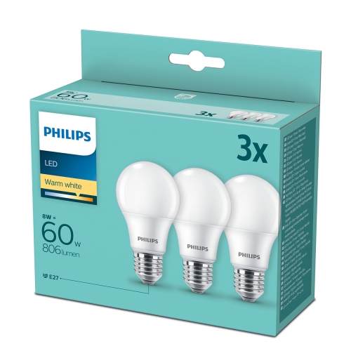 PHILIPS LED žárovka A60 8W/60W E27 2700K 806lm NonDim 15Y opál 3-pack
