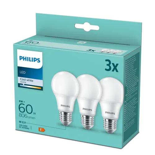 PHILIPS LED žárovka A60 8W/60W E27 4000K 806lm NonDim 15Y opál 3-pack
