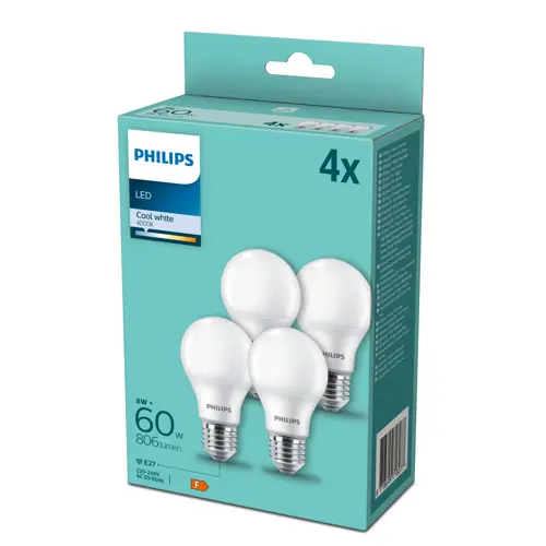 PHILIPS LED žárovka A60 8W/60W E27 4000K 806lm NonDim 15Y opál 4-pack