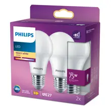PHILIPS LED žárovka A60 9.5W/75W E27 2700K 1055lm NonDim 15Y opál 2-pack