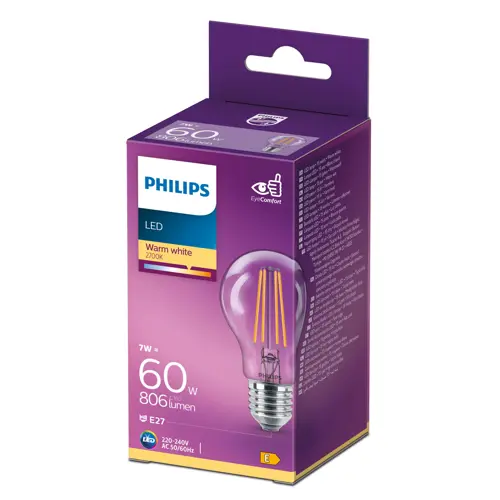 PHILIPS LED žárovka filament A60 7W/60W E27 2700K 806lm NonDim 15Y čirá