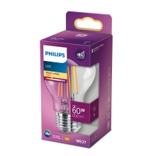 PHILIPS LED žárovka filament A60 7W/60W E27 2700K 806lm NonDim 15Y čirá