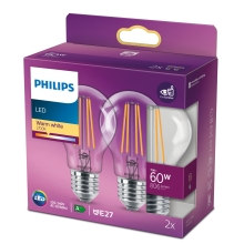 PHILIPS LED žárovka filament A60 7W/60W E27 2700K 806lm NonDim 15Y  čirá2-pack