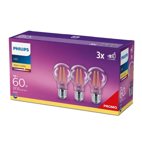 PHILIPS LED žárovka filament A60 7W/60W E27 2700K 806lm NonDim 15Y  čirá3-pack