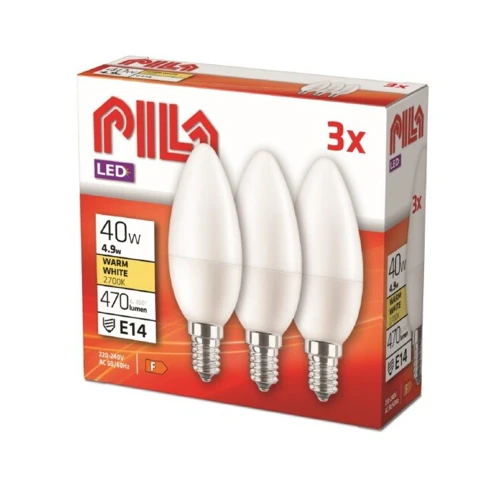 PILA LED svíčka B35 4.9W/40W E14 2700K 470lm NonDim 15Y opál 3-pack