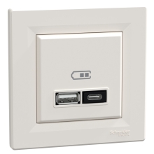 Schneider ASFORA komplet.zásuv.nabíjecí USB A+C 3A krémová