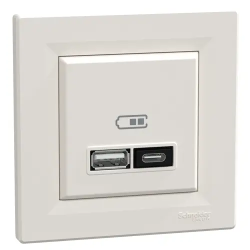 Schneider ASFORA komplet zásuvka nabíjecí USB A+C 3A krémová