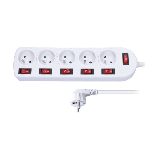 SOLIGHT prodlužovák . 5 zásuvek. bílý. 6x vypínač. 3m