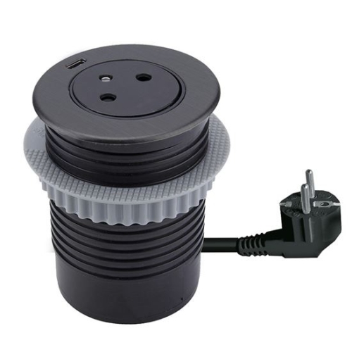 SOLIGHT zásuvka vestavná do pracovní desky pr.60mm 2P+PE/USB 3.0A 1.5m metalická